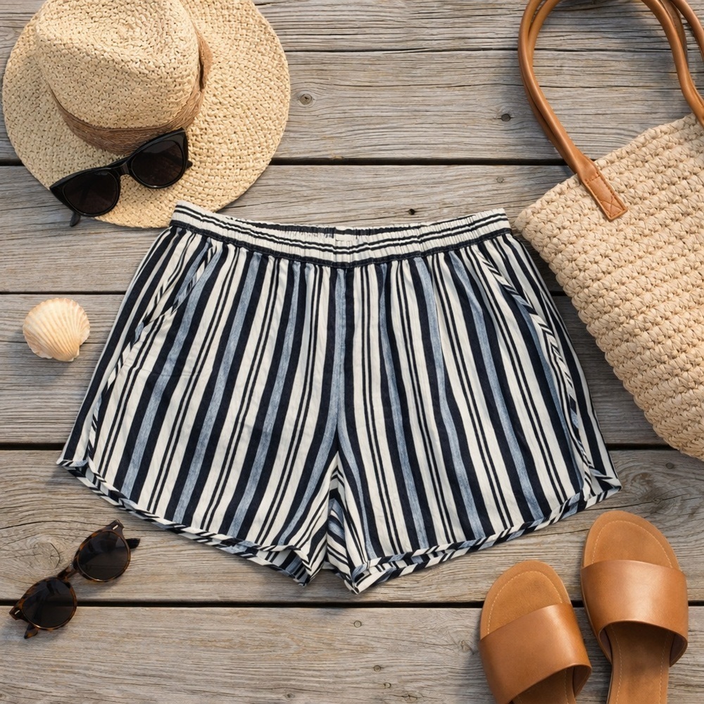 Madewell Striped Linen Blend Pull-On Shorts NWOT Size XL Black & White